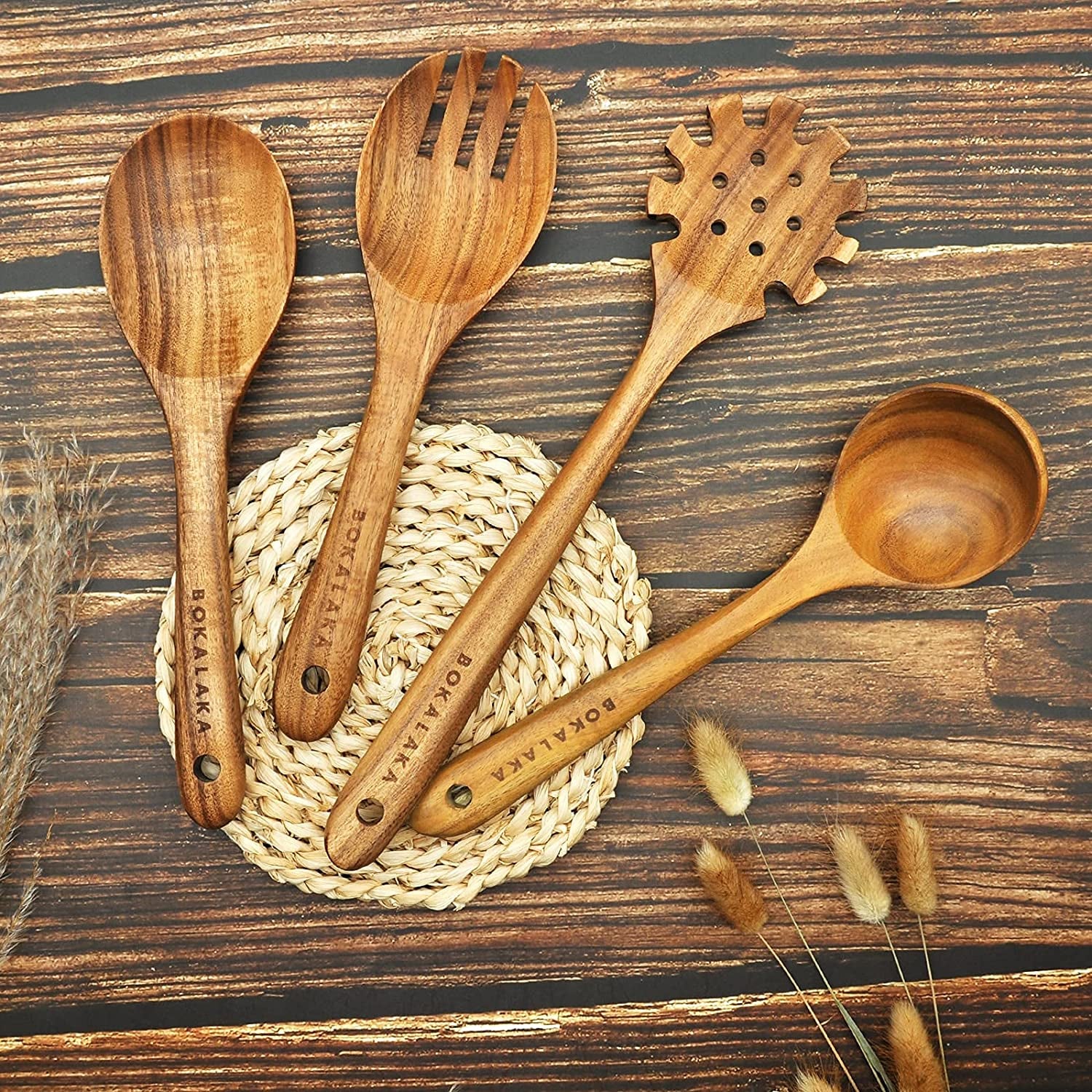 Wooden Spoons for Cooking, Teak Wooden Kitchen Utensils Set Wooden Cooking Utensils 8Pcs Wooden Spatulas Wooden Utensils for Cooking