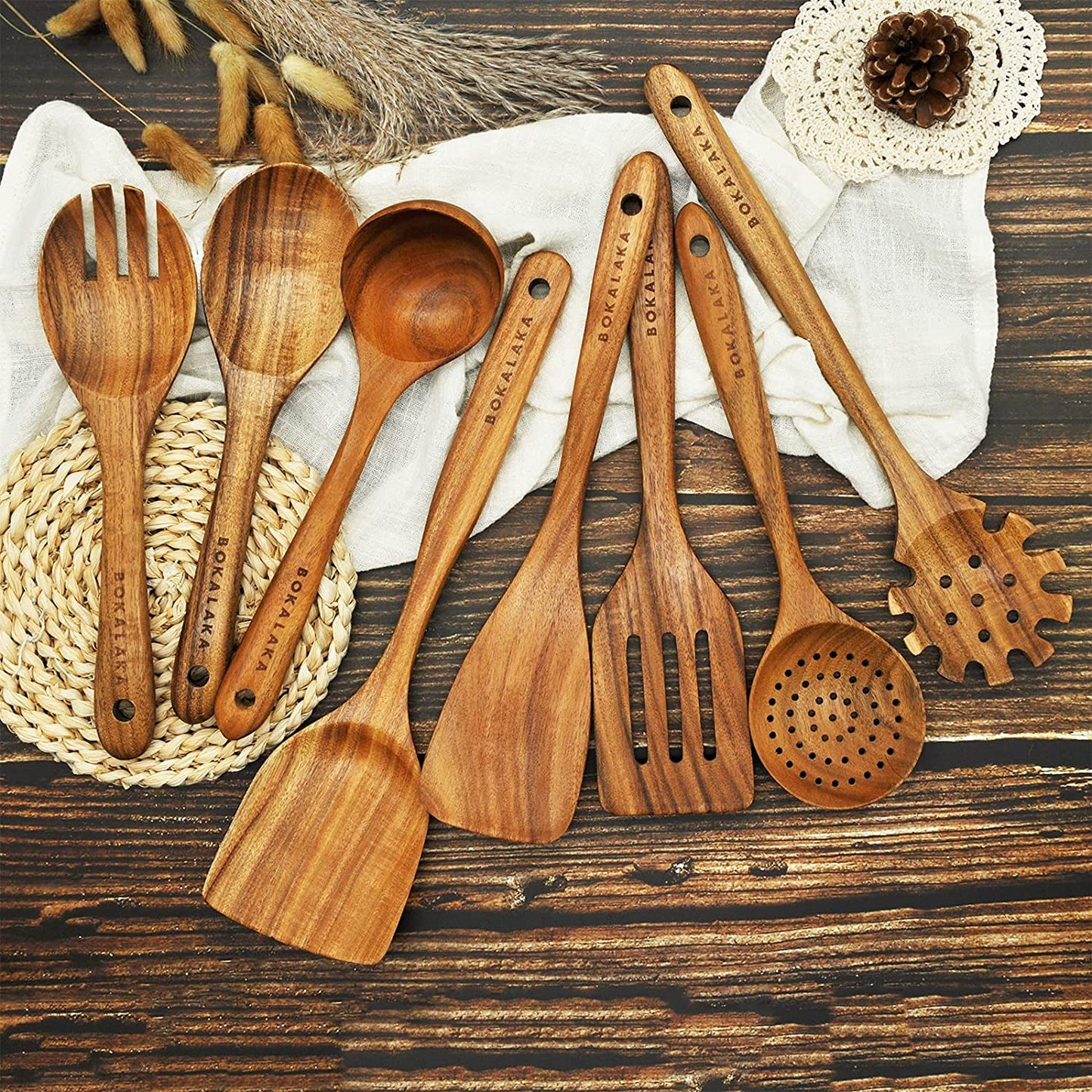 Wooden Spoons for Cooking, Teak Wooden Kitchen Utensils Set Wooden Cooking Utensils 8Pcs Wooden Spatulas Wooden Utensils for Cooking