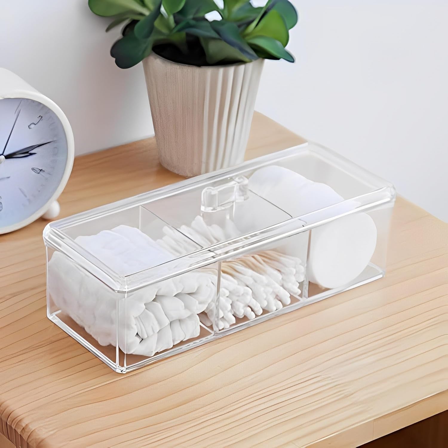 Qtip Holder Rectangle Cotton Ball and Swab Holder Organizer with Lid, Dustproof,Waterproof,Clear Acrylic 3 Compartment Cotton Pad Container for Cotton Swabs, Make up Pads, Cosmetics