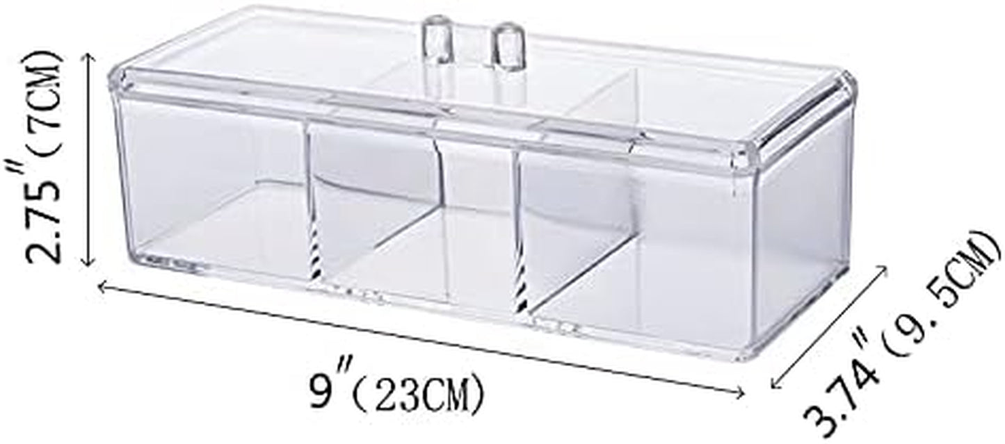 Qtip Holder Rectangle Cotton Ball and Swab Holder Organizer with Lid, Dustproof,Waterproof,Clear Acrylic 3 Compartment Cotton Pad Container for Cotton Swabs, Make up Pads, Cosmetics