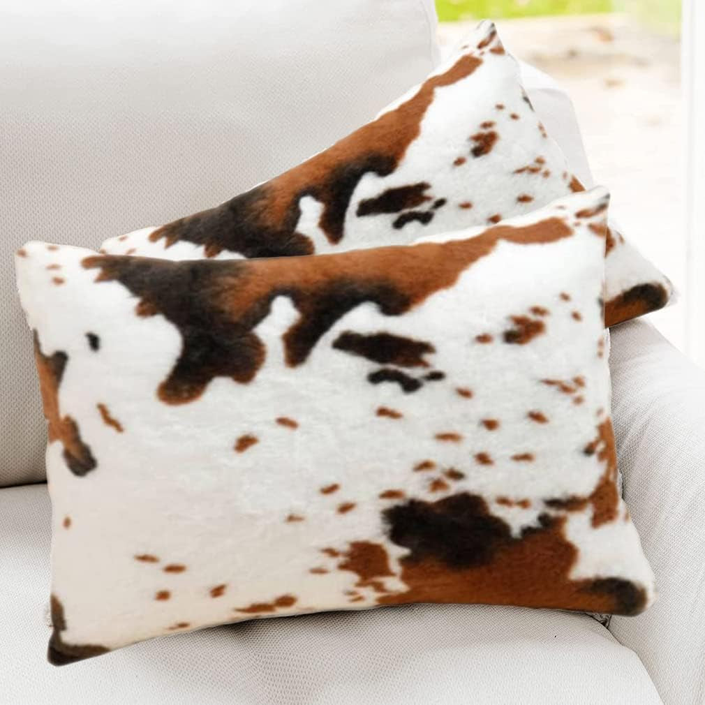 12X20 Soft Fur Lumbar Farm Throw Pillow Covers Faux Fur Cow Skin Hide Decor Rectangle Farmhouse Style Rustic Pillow Cover Western Decor Country Cushion Cover for Home Couch Sofa