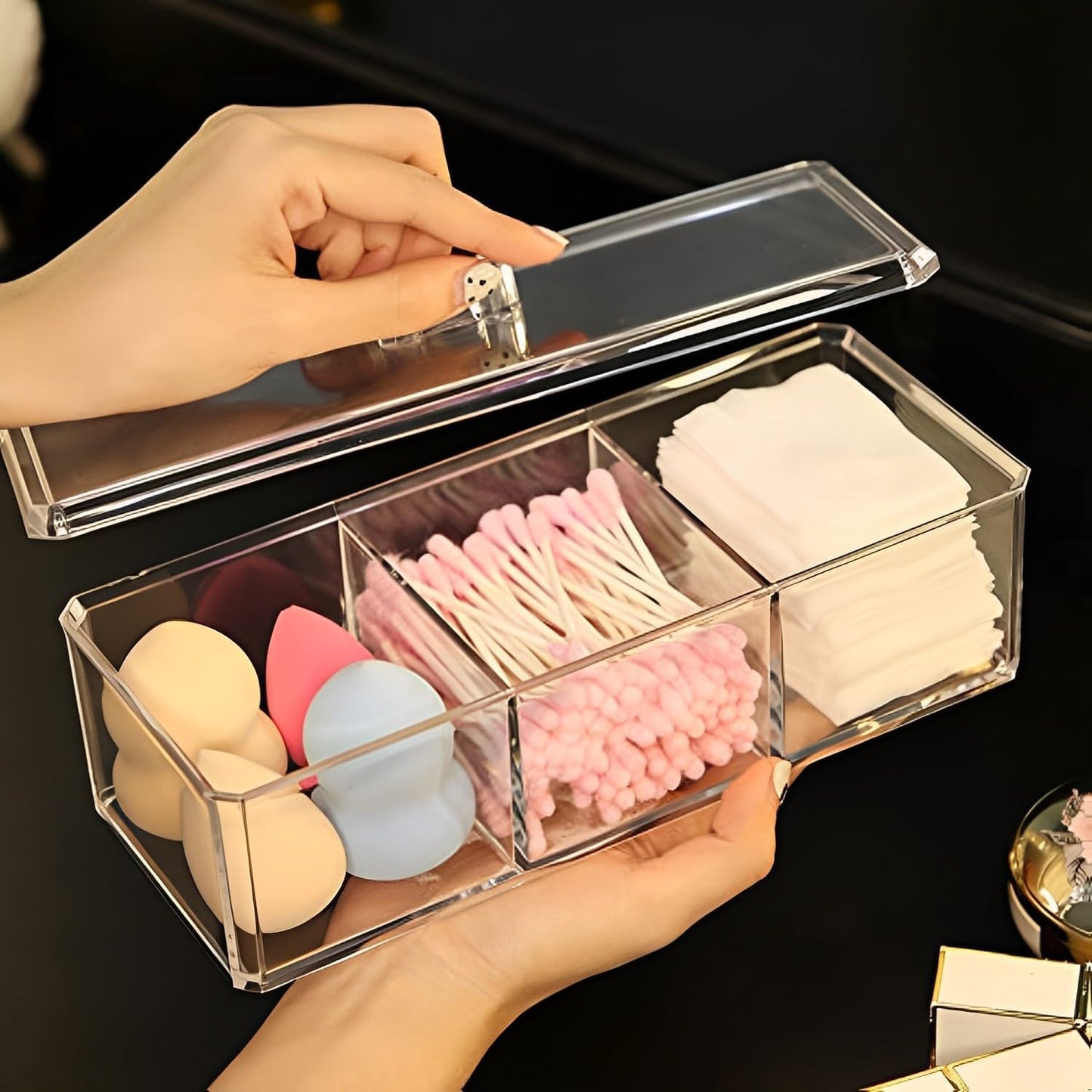 Qtip Holder Rectangle Cotton Ball and Swab Holder Organizer with Lid, Dustproof,Waterproof,Clear Acrylic 3 Compartment Cotton Pad Container for Cotton Swabs, Make up Pads, Cosmetics