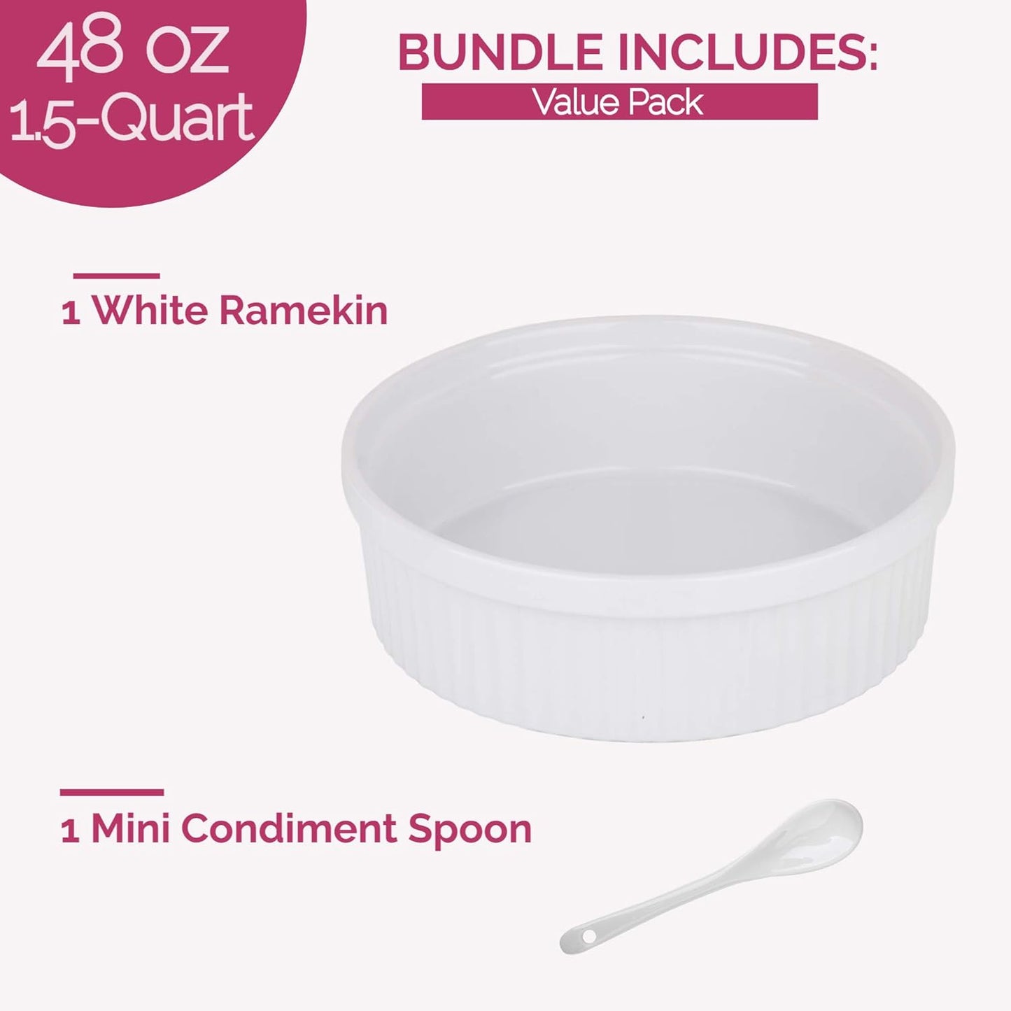 Souffle Dish Ramekins for Baking – 48 Oz, 1.5 Quart Large Ceramic Oven Safe round Fluted Ramekin Bowl with Mini Condiment Spoon for Soufflé Pot Pie Casserole Pasta Roasted Vegetables Baked Desserts