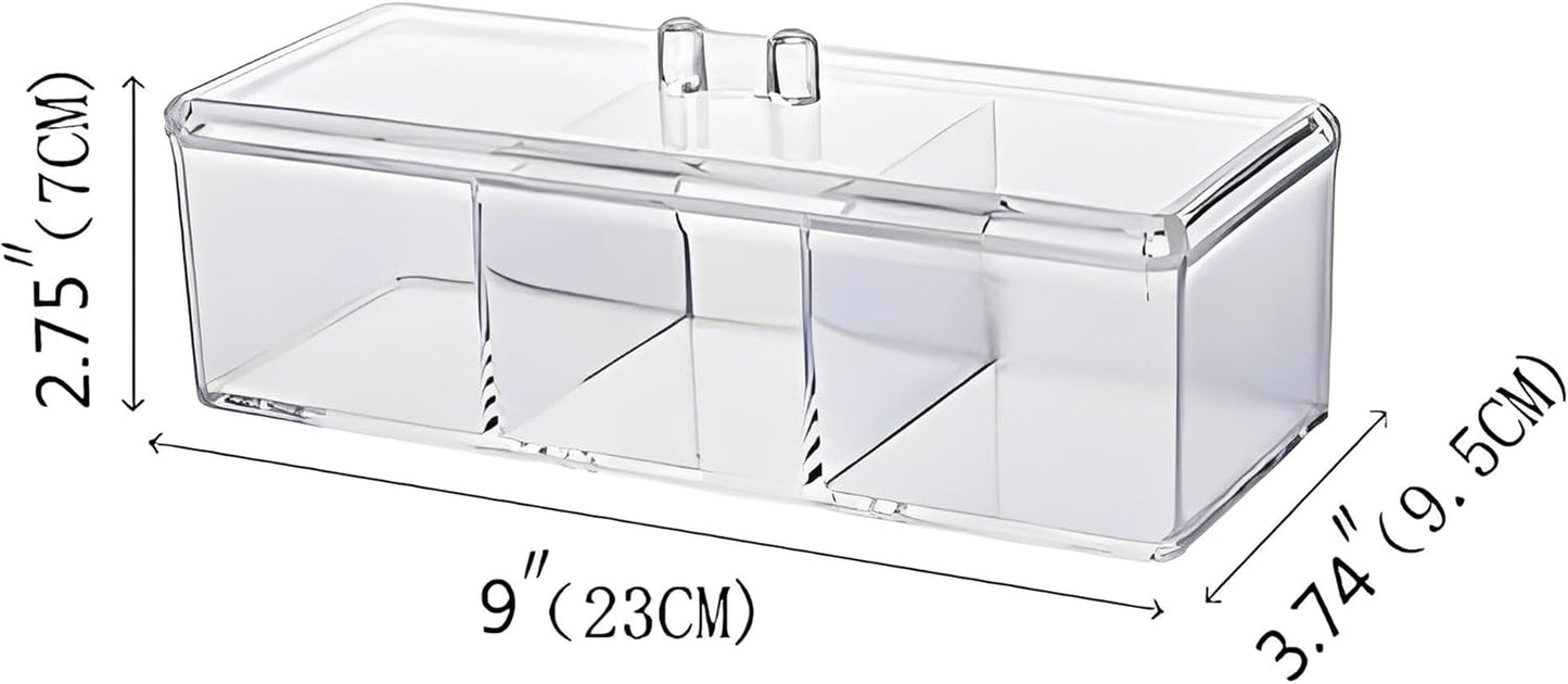 Qtip Holder Rectangle Cotton Ball and Swab Holder Organizer with Lid, Dustproof,Waterproof,Clear Acrylic 3 Compartment Cotton Pad Container for Cotton Swabs, Make up Pads, Cosmetics