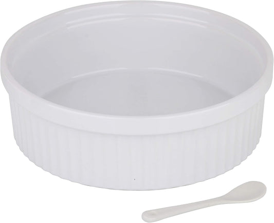 Souffle Dish Ramekins for Baking – 48 Oz, 1.5 Quart Large Ceramic Oven Safe round Fluted Ramekin Bowl with Mini Condiment Spoon for Soufflé Pot Pie Casserole Pasta Roasted Vegetables Baked Desserts