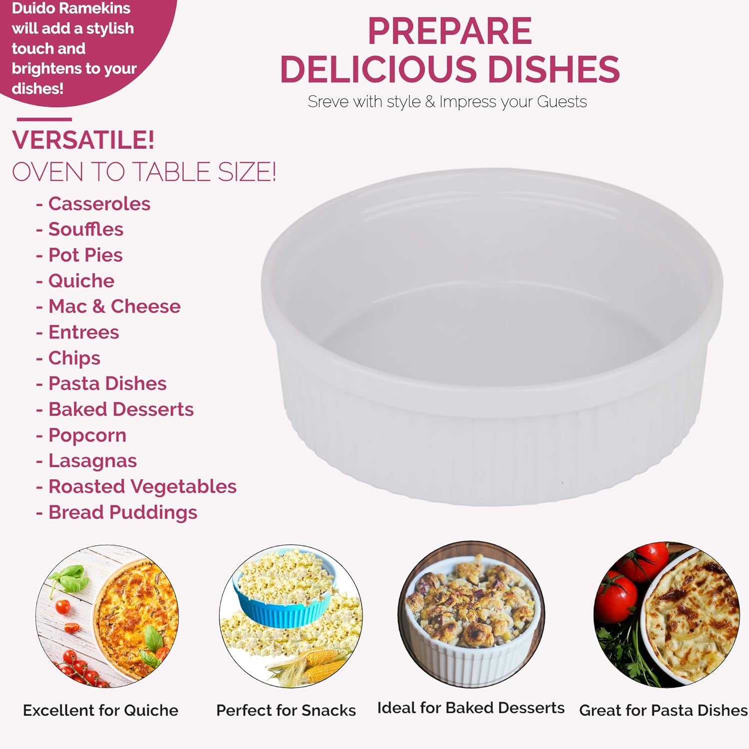 Souffle Dish Ramekins for Baking – 48 Oz, 1.5 Quart Large Ceramic Oven Safe round Fluted Ramekin Bowl with Mini Condiment Spoon for Soufflé Pot Pie Casserole Pasta Roasted Vegetables Baked Desserts