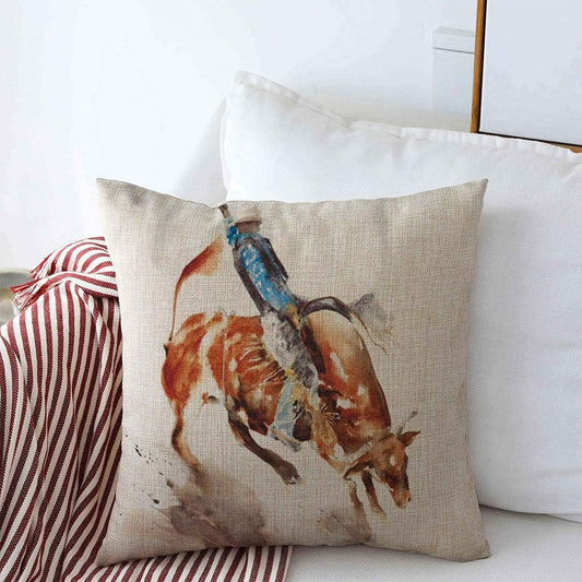 Throw Pillows Cover 20 X 20 Inches Brown Western Bull Rodeo Watercolor Wild Painting Sports Recreation Cowboy Horse Country Nature Ride Cushion Case Cotton Linen for Fall Home Decor