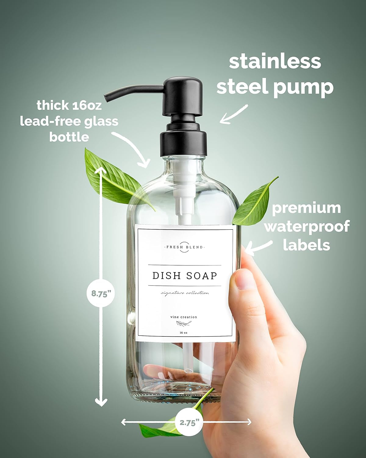 Clear Glass Soap Dispenser, 2 Pack Kitchen Soap Dispenser Set with Stainless Steel Pump, 16 Oz Hand Soap Dispenser Bathroom, Dish Soap Dispenser for Kitchen with Waterproof Labels